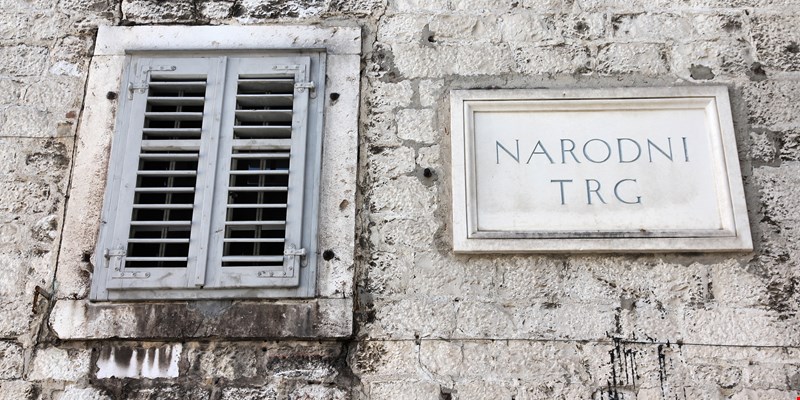 Split in Dalmatia, Croatia. Narodni Trg - main square sign (National Square).