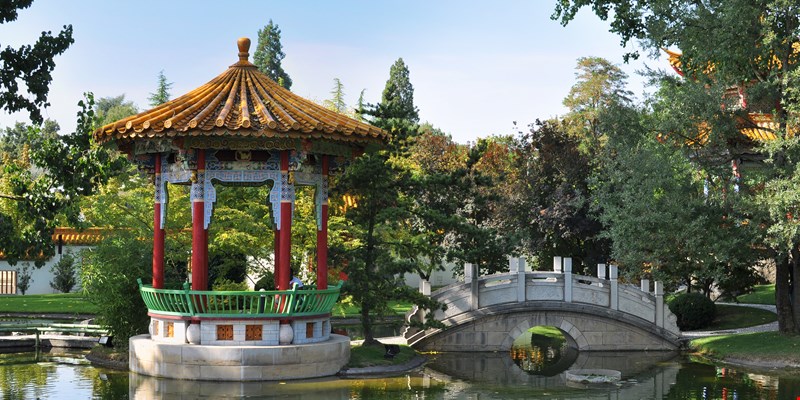 Chinagarten Zürich. Thematic garden with typical buildings of China